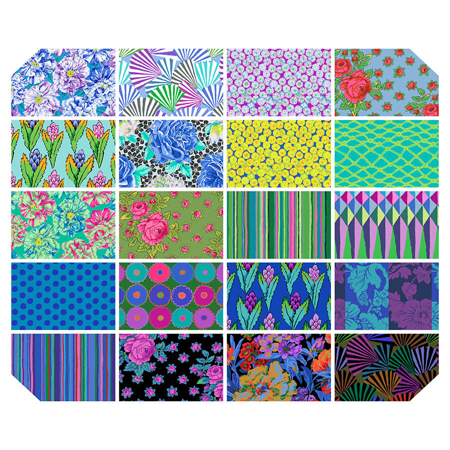 Kaffe Fassett Collective February 2026 Cool Charm Pack featuring vibrant 5-inch fabric squares in blue, purple, teal, green, and aqua prints.