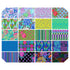 Kaffe Fassett Collective February 2026 Cool Charm Pack featuring vibrant 5-inch fabric squares in blue, purple, teal, green, and aqua prints.