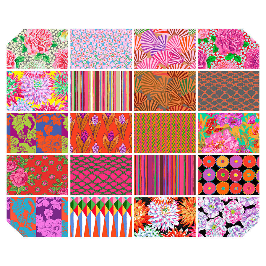 Kaffe Fassett Collective February 2026 Warm Charm Pack featuring 42 colorful 5-inch fabric squares in pink, orange, red, coral, and floral prints.