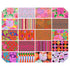 Kaffe Fassett Collective February 2026 Warm Charm Pack featuring 42 colorful 5-inch fabric squares in pink, orange, red, coral, and floral prints.
