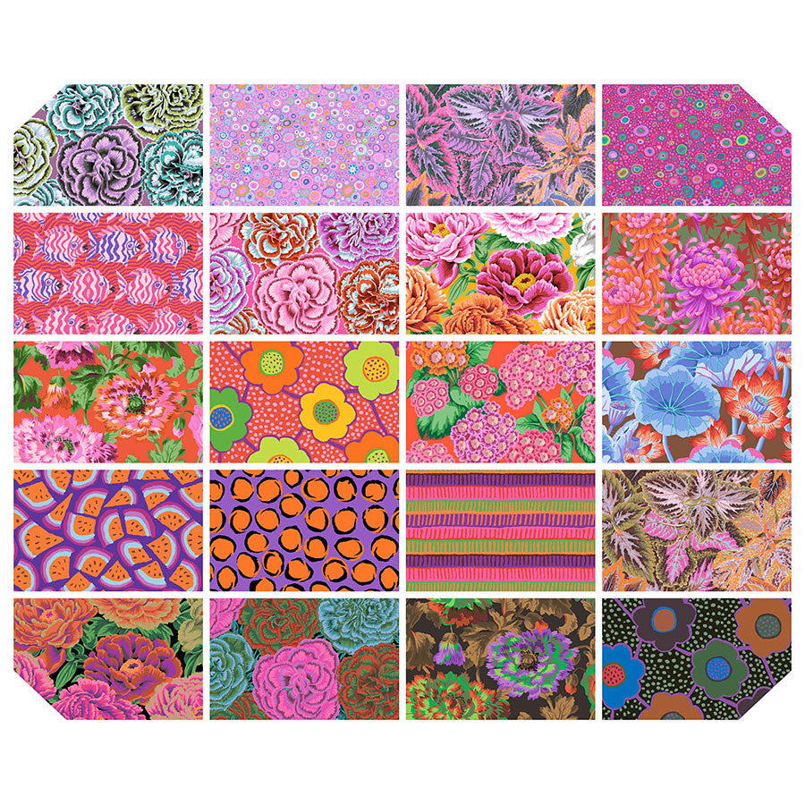 Kaffe Fassett August 2025 Hot 5 inch charm pack showing bright floral and geometric prints.