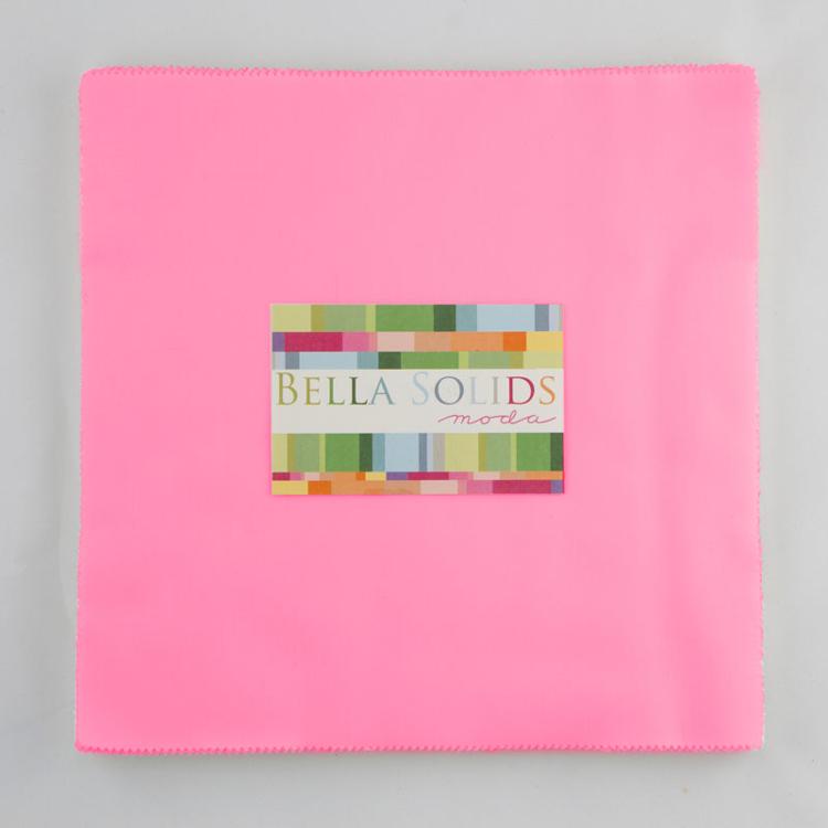 Bella Solids 30s Pink Junior Layer Cake by Moda Fabrics containing 20 identical 10-inch by 10-inch premium cotton fabric squares in the vibrant 30s Pink solid color.