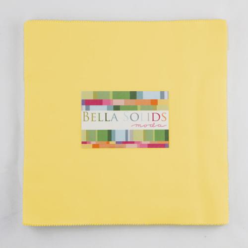 Bella Solids 30s Yellow Junior Layer Cake by Moda Fabrics containing 20 identical 10-inch by 10-inch premium cotton fabric squares in the vibrant 30s Yellow solid color.