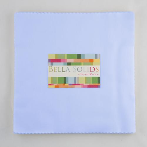 Bella Solids Baby Blue Junior Layer Cake by Moda Fabrics containing 20 identical 10-inch by 10-inch premium cotton fabric squares in the soft Baby Blue solid color.