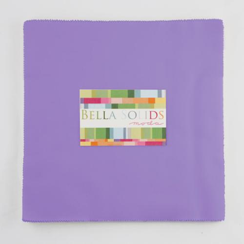 Bella Solids Hyacinth Junior Layer Cake by Moda Fabrics containing 20 identical 10-inch by 10-inch premium cotton fabric squares in a soft Hyacinth purple solid.
