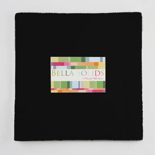 Bella Solids Black Junior Layer Cake by Moda Fabrics containing 20 identical 10-inch by 10-inch premium cotton fabric squares in a classic black solid.