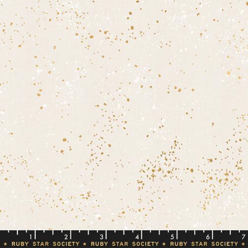Ruby Star Society Speckled White Gold Metallic fabric by Rashida Coleman Hale for Moda Fabrics featuring shimmering metallic gold speckles scattered across a soft white premium quilting cotton background.