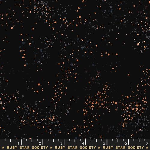 Ruby Star Society Speckled Black Metallic fabric by Rashida Coleman Hale for Moda Fabrics featuring shimmering metallic copper and charcoal speckles scattered across a rich black premium quilting cotton background.