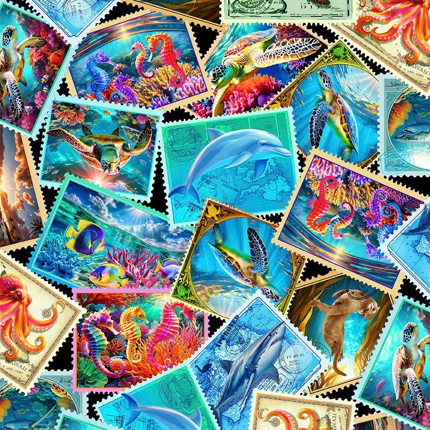 Sea Life Stamps cotton fabric by Timeless Treasures with dolphins, sea turtles, seahorses, tropical fish, coral, and ocean-themed stamps.