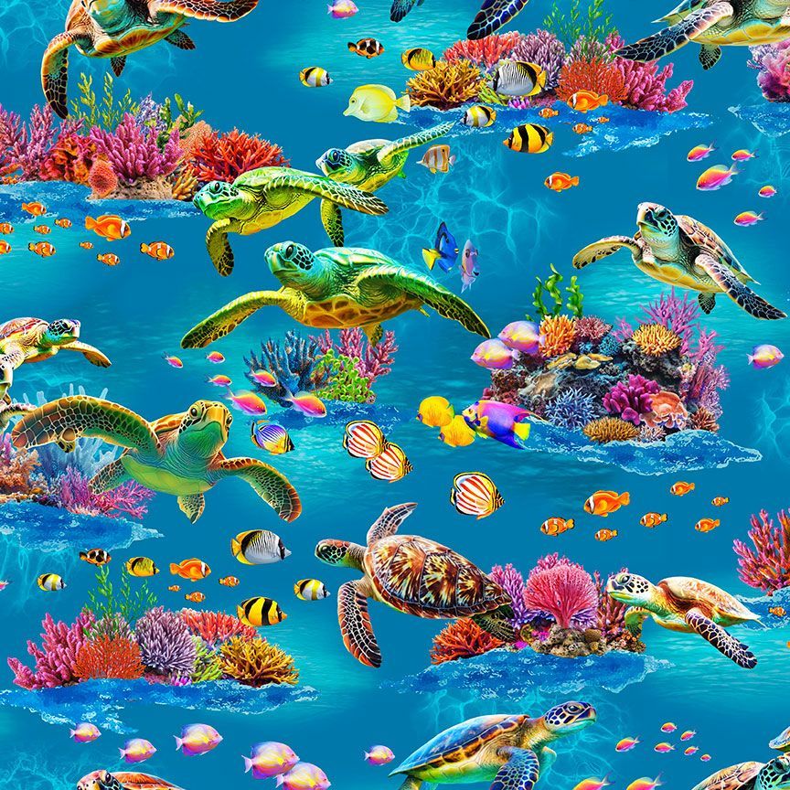Sea Life cotton fabric by Timeless Treasures featuring sea turtles, tropical fish, colorful coral reefs, and blue ocean water.