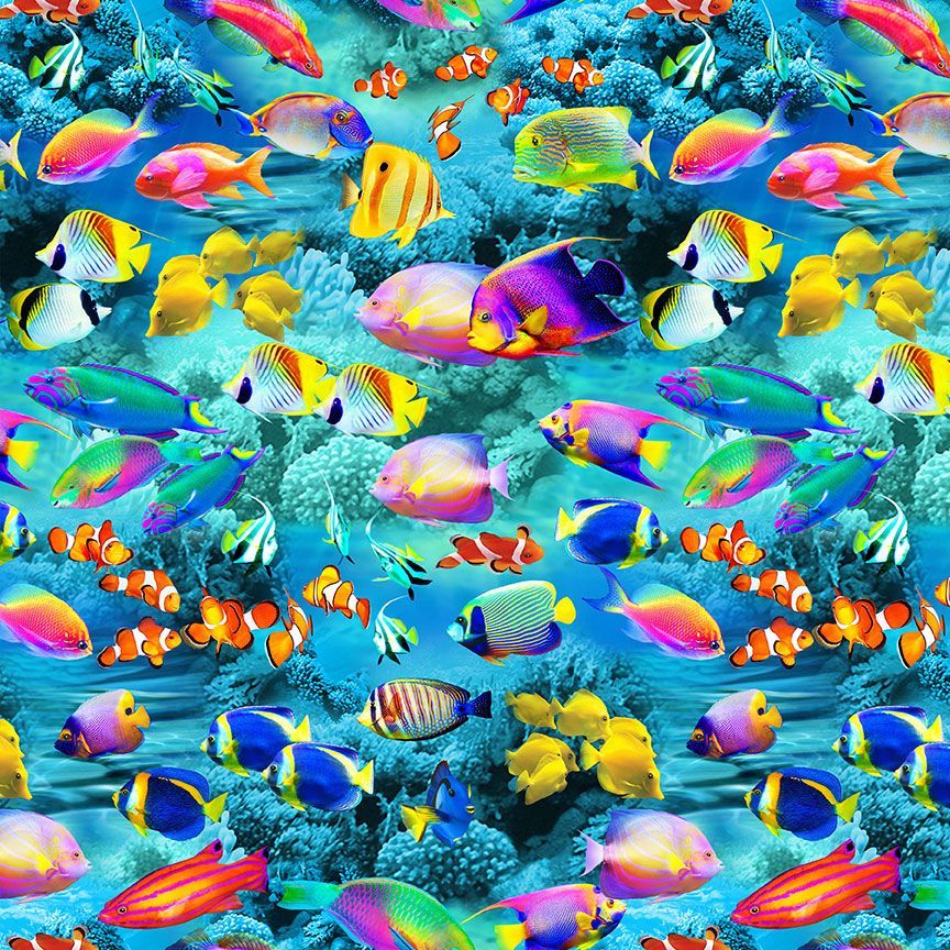 Coral Reef Fish cotton fabric by Timeless Treasures featuring colorful tropical fish swimming through bright blue coral reefs.
