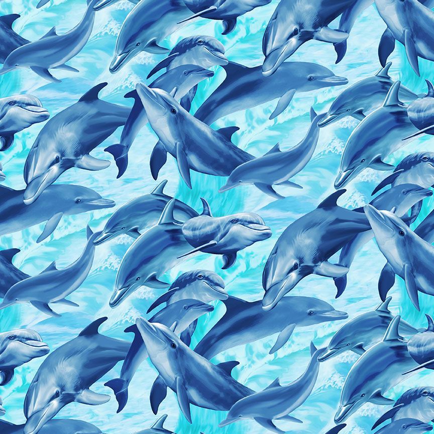 Playful Dolphins cotton fabric by Timeless Treasures featuring blue dolphins swimming through bright aqua ocean water.
