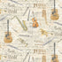 Timeless Treasures Symphony cotton fabric featuring vintage sheet music with guitars, violins, saxophones, trumpets, clarinets, and musical instruments.
