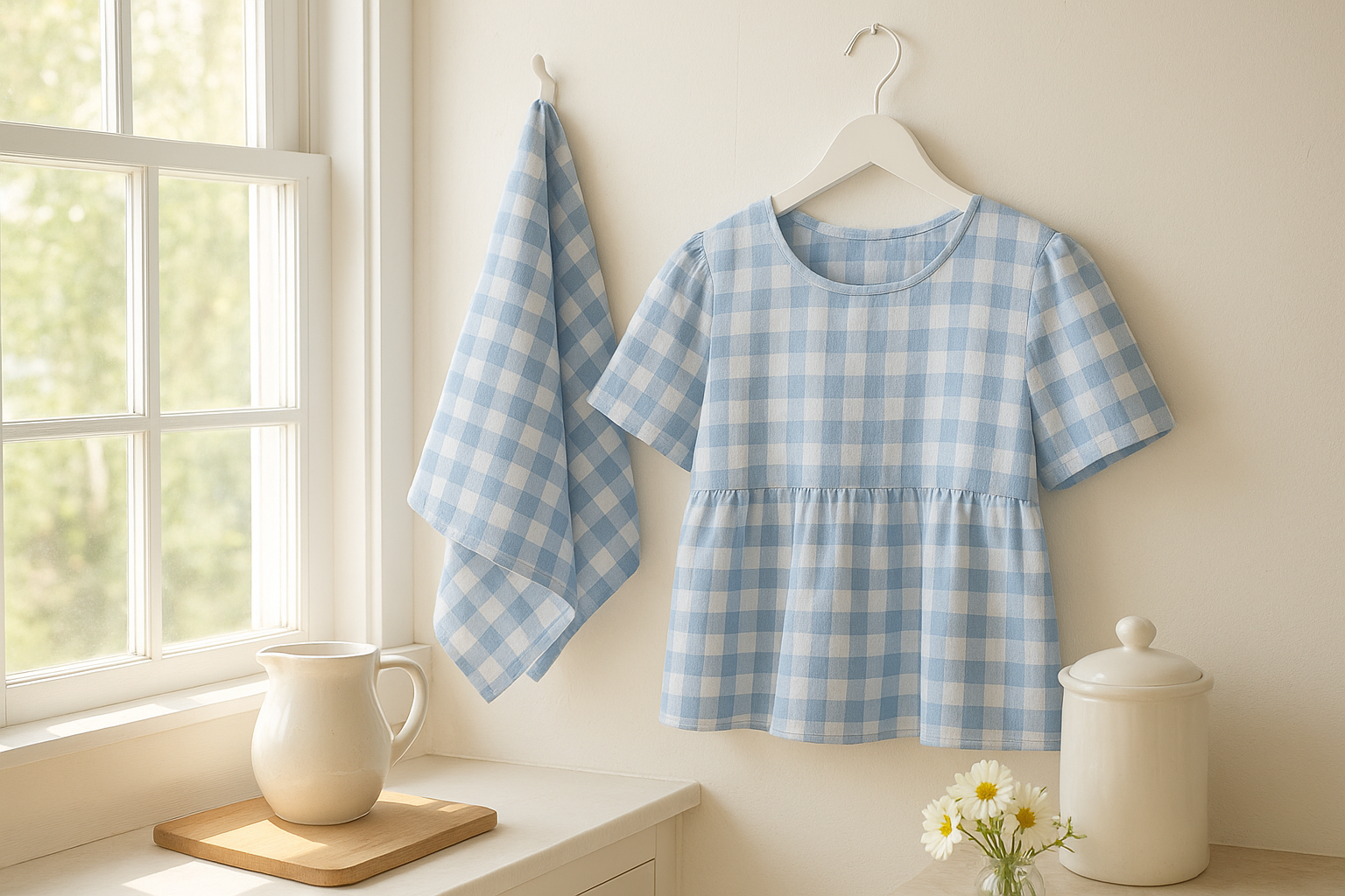 A soft blue and white gingham kitchen towel and matching blouse made from Shine – Gingham Sky Fabric by Sweetwater for Moda Fabrics, hanging near a bright window in a cozy farmhouse kitchen setting.