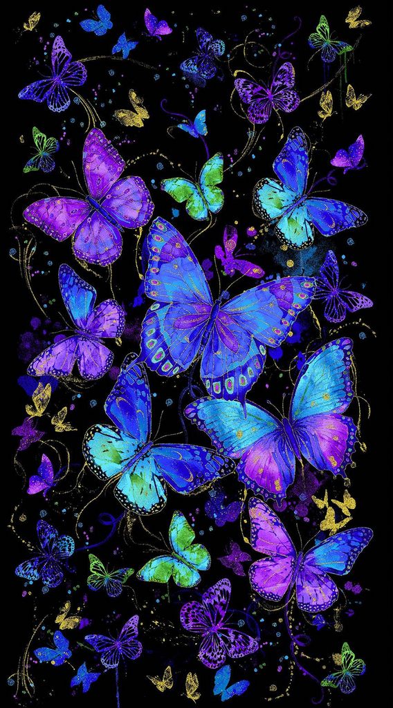 Evening Glow Butterfly metallic cotton fabric panel by Chong-A Hwang featuring vibrant blue, purple, and turquoise butterflies with metallic gold accents on a black background.