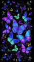 Evening Glow Butterfly metallic cotton fabric panel by Chong-A Hwang featuring vibrant blue, purple, and turquoise butterflies with metallic gold accents on a black background.
