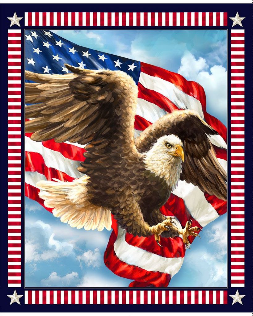 Liberty Eagle 36-inch patriotic cotton panel by Timeless Treasures featuring a bald eagle flying in front of an American flag.