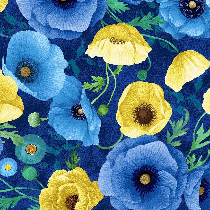 Poppy Focal Navy fabric by Chong-A Hwang for Timeless Treasures featuring large blue and golden yellow poppies with green leaves on a deep navy background.