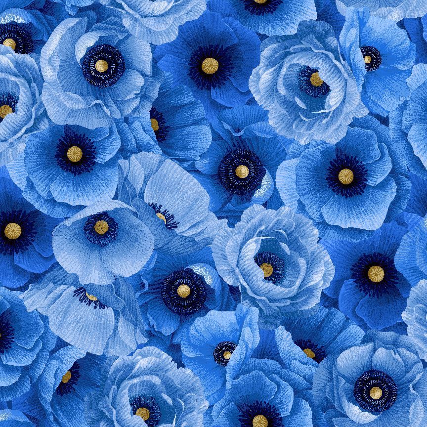 Packed Poppies Blue fabric by Chong-A Hwang for Timeless Treasures featuring densely packed royal blue, cobalt, sky blue, and icy blue poppies with navy and gold centers.