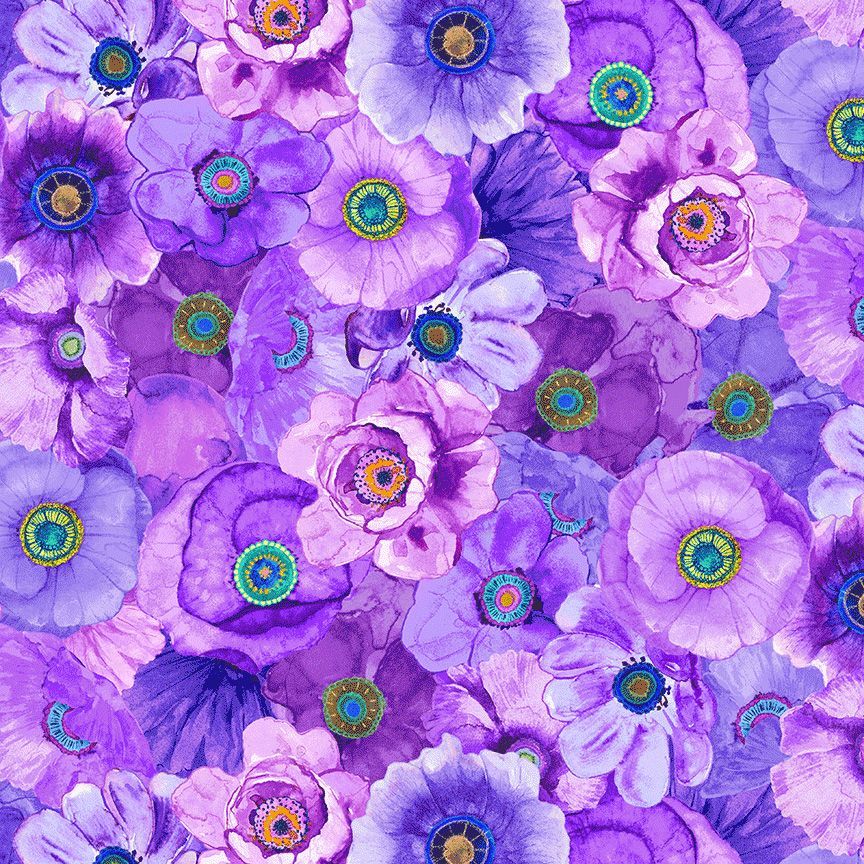 Packed Tonal Poppies Lavender fabric by Chong-A Hwang for Timeless Treasures, featuring dense lavender, violet, and purple poppy flowers with colorful teal, green, pink, blue, and yellow centers.