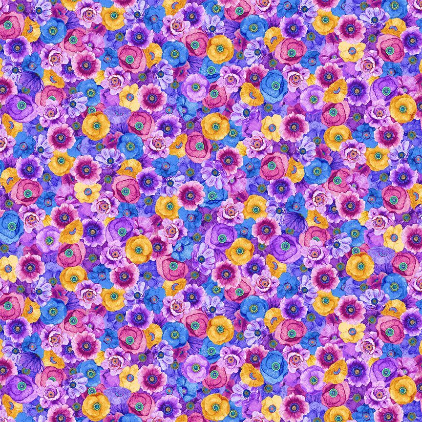Packed Mini Poppies Multi fabric by Chong-A Hwang for Timeless Treasures featuring densely packed purple, lavender, pink, blue, turquoise, and yellow poppy flowers.