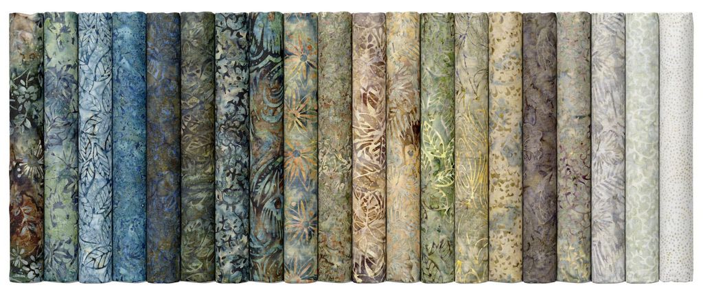 Tonga Stormy Sea Batik 10" Squares – 42 blue, green, and grey hand-dyed cotton fabric pieces