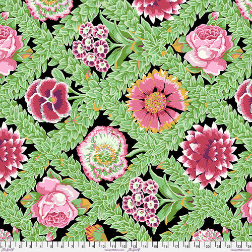Kaffe Fassett Collective Vintage Flower Lattice Jewel fabric by Philip Jacobs for Free Spirit Fabrics featuring bold pink and green floral pattern on black background.