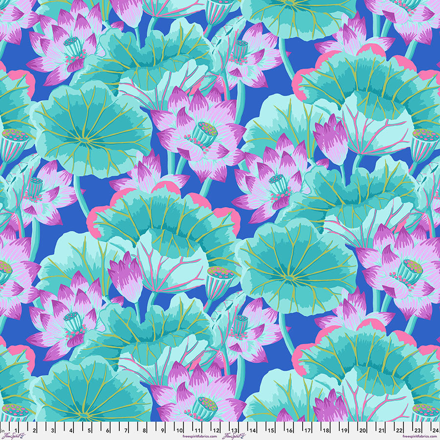 Vibrant turquoise floral cotton fabric by Philip Jacobs styled for quilting and apparel projects.