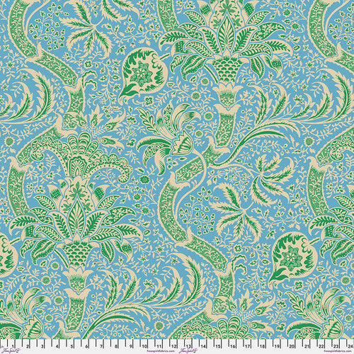Aqua floral cotton fabric with green and ivory motifs by Kaffe Fassett and The Original Morris & Co. for Free Spirit Fabrics.