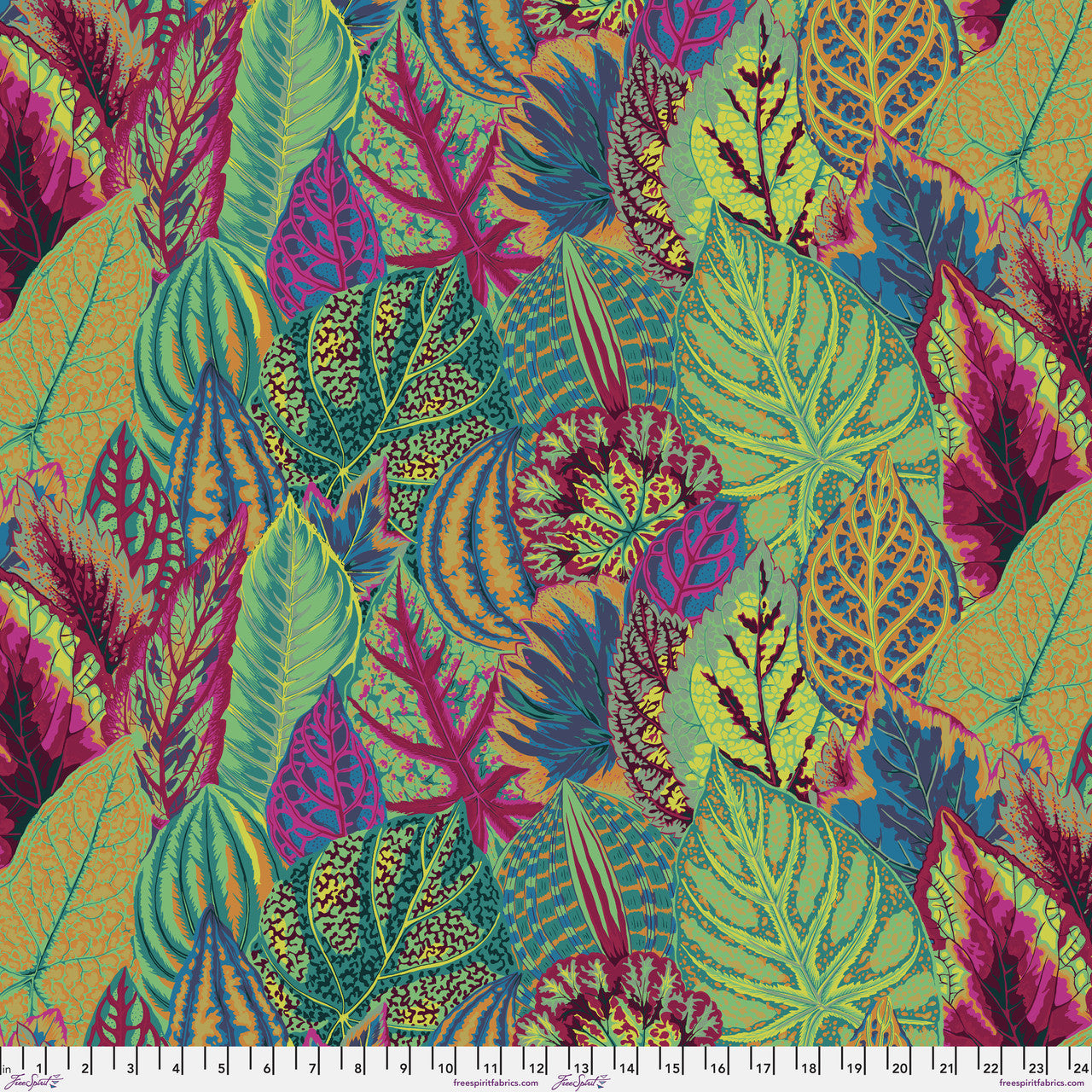 Kaffe Fassett Coleus Moss fabric by Philip Jacobs featuring vibrant green and teal coleus leaf design