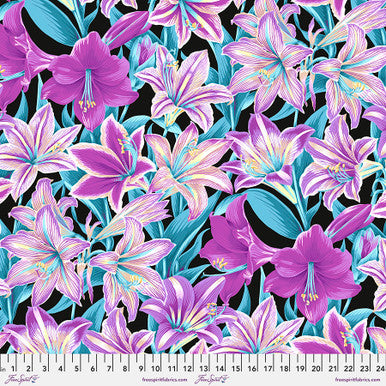 Kaffe Fassett Amaryllis Lavender polyester quilting cotton – lavender and teal amaryllis flowers on a black background, 44″ wide