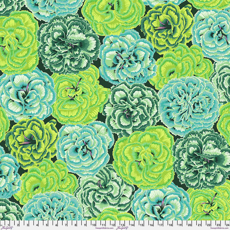 Kaffe Fassett Picotee Carnations Green cotton fabric with layered green floral design.