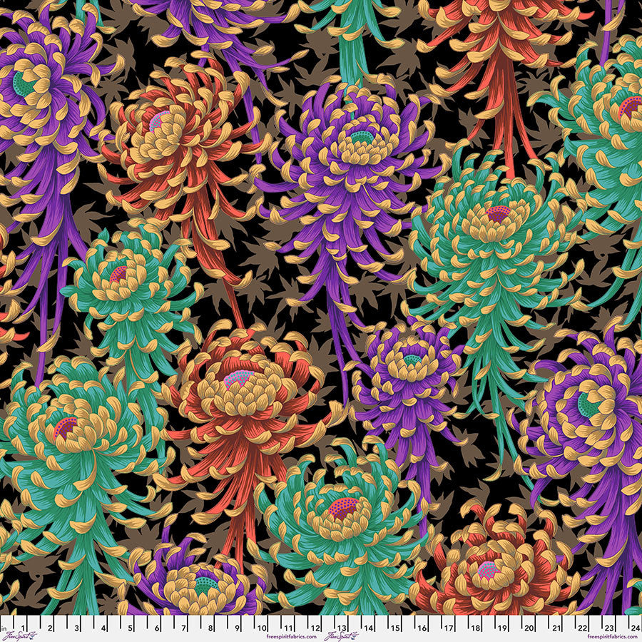 Kaffe Fassett Spider Mums Dark fabric by Philip Jacobs featuring jewel-toned floral design on black background