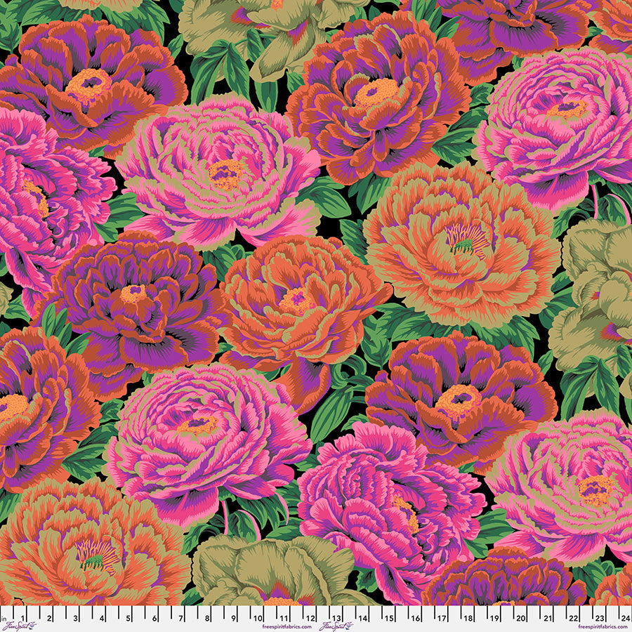 Kaffe Fassett Tibetan Peony Red fabric with large colorful peonies on a black background