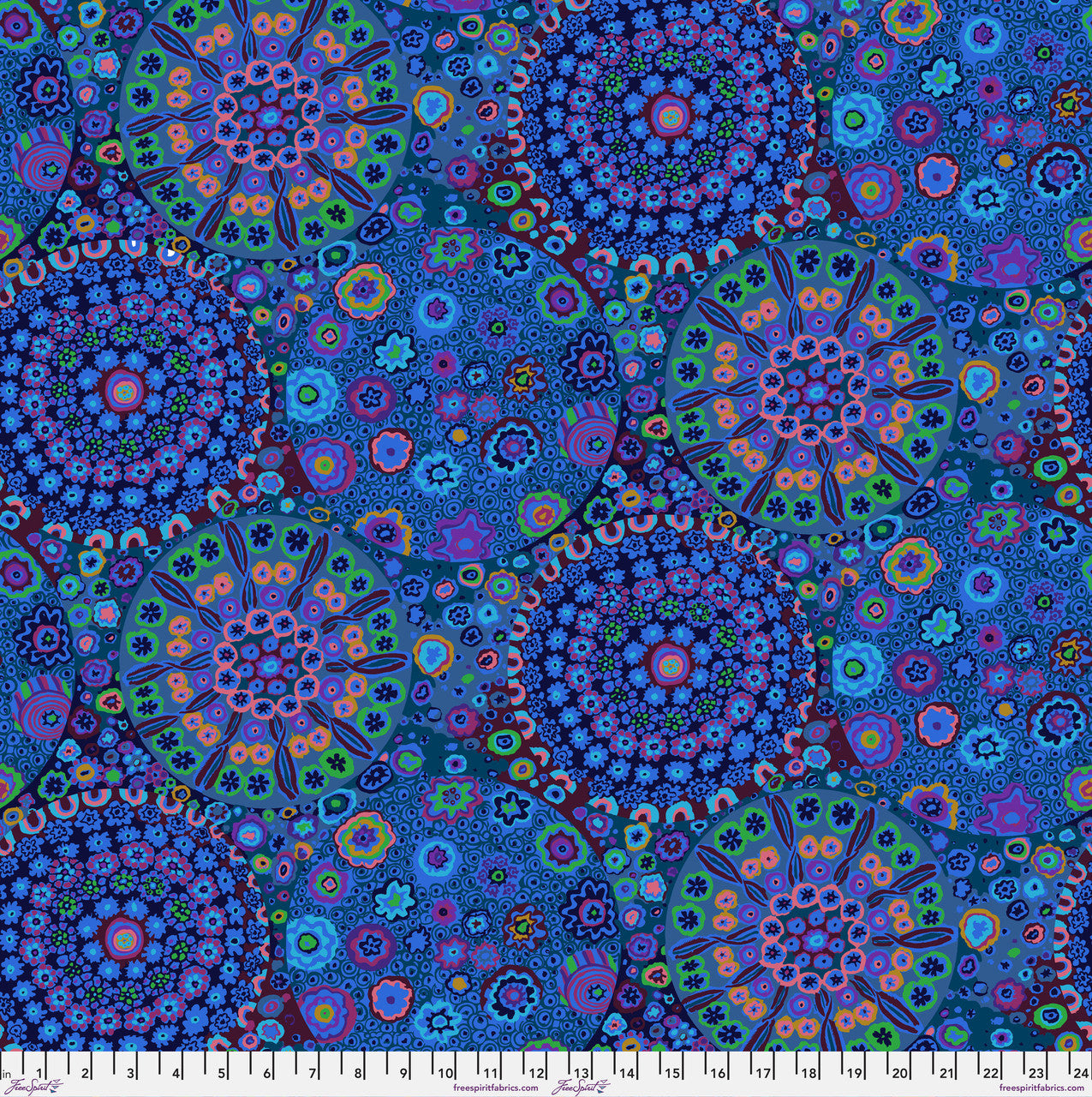 Kaffe Fassett Millefiore Blue 108 inch wide quilt backing fabric with vibrant floral mosaic design
