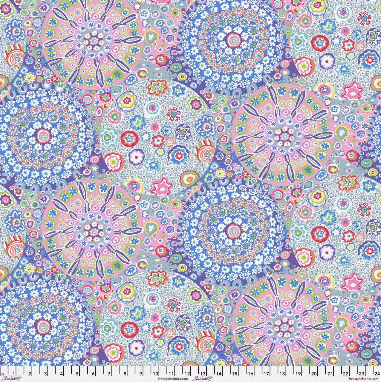 Kaffe Fassett Millefiore Pastel 108 inch wide quilt backing with circular floral motifs in soft pastel colors