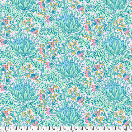 Artichoke – Lavender 108” quilt backing fabric featuring William Morris floral design reimagined by Kaffe Fassett in purple and lavender tones.