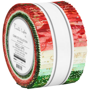 Artisan Batiks Twinkle Lights holiday batik jelly roll with red and green Christmas fabrics.