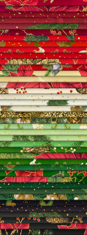 Holiday Flourish Forest Glen roll up featuring coordinated Christmas fabrics with poinsettias, pinecones, woodland animals, evergreens, ornaments, and metallic gold accents.