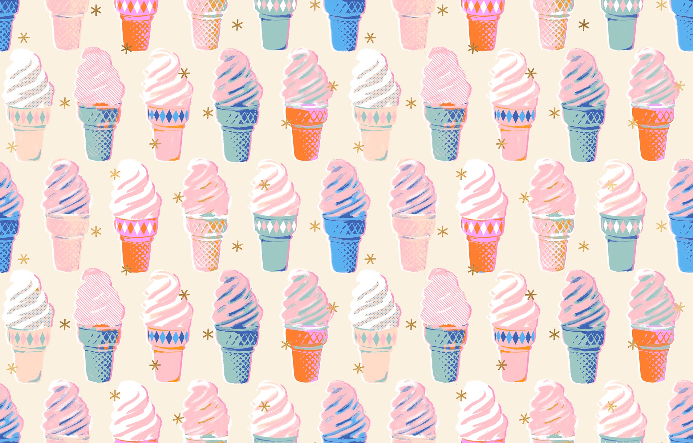 Best Day Ever Ice Cream Natural Metallic fabric by Melody Miller for Ruby Star Society and Moda Fabrics featuring colorful ice cream cones with metallic gold accents on a natural premium cotton background.