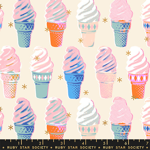 Best Day Ever Ice Cream Natural Metallic fabric by Melody Miller for Ruby Star Society and Moda Fabrics featuring colorful ice cream cones with metallic gold accents on a natural premium cotton background.
