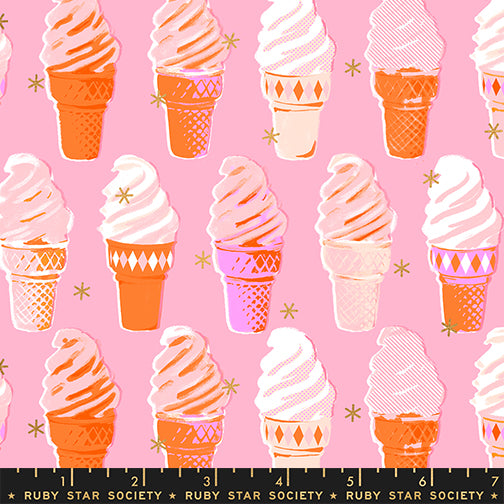 Best Day Ever Ice Cream Posy Metallic fabric by Melody Miller for Ruby Star Society and Moda Fabrics featuring colorful ice cream cones with metallic gold accents on a pink premium cotton background.