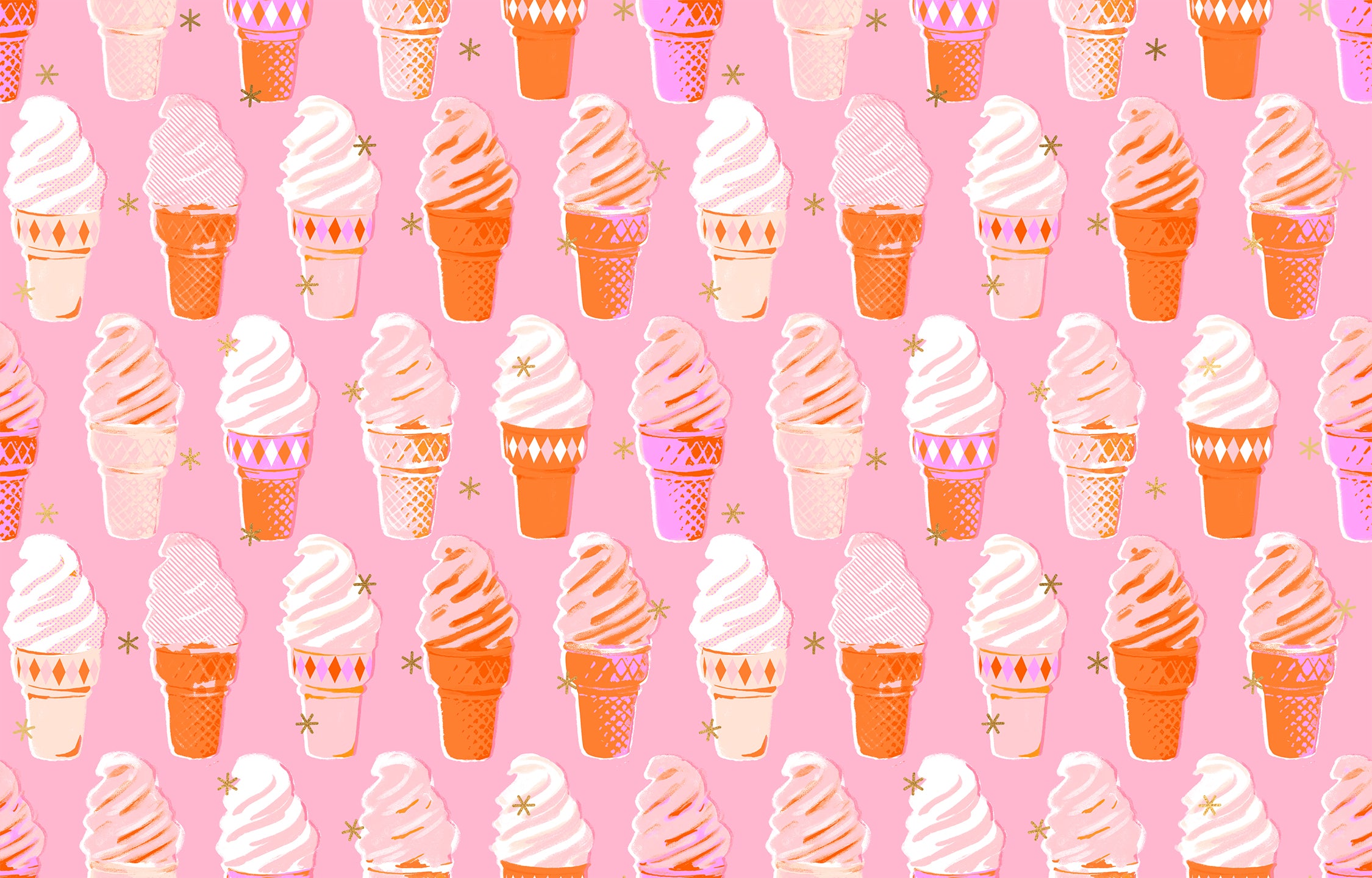 Best Day Ever Ice Cream Posy Metallic fabric by Melody Miller for Ruby Star Society and Moda Fabrics featuring colorful ice cream cones with metallic gold accents on a pink premium cotton background.