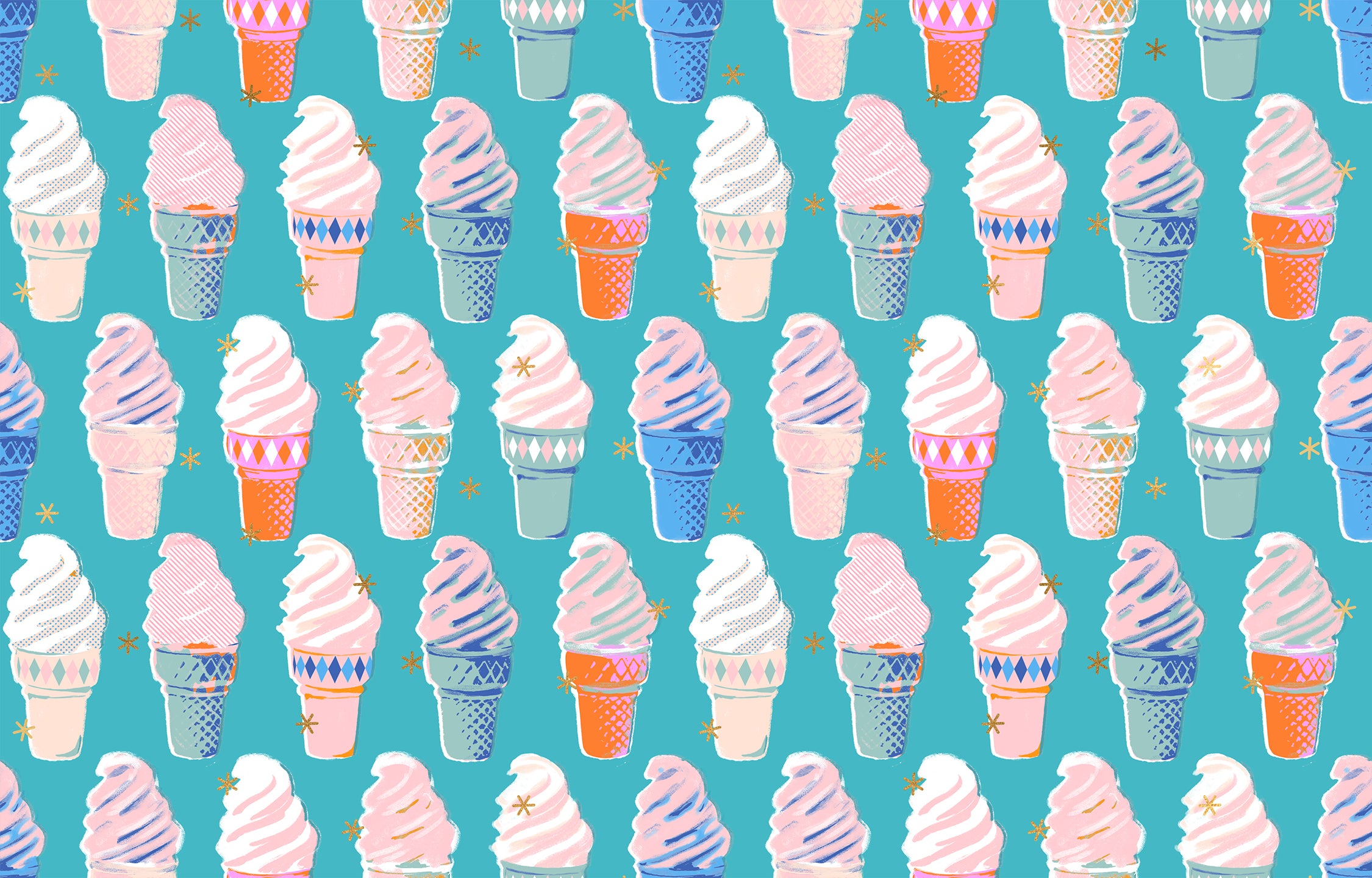 Turquoise ice cream cone fabric with pink, blue, and metallic gold accents by Ruby Star Society.