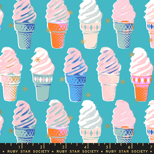 Turquoise ice cream cone fabric with pink, blue, and metallic gold accents by Ruby Star Society.