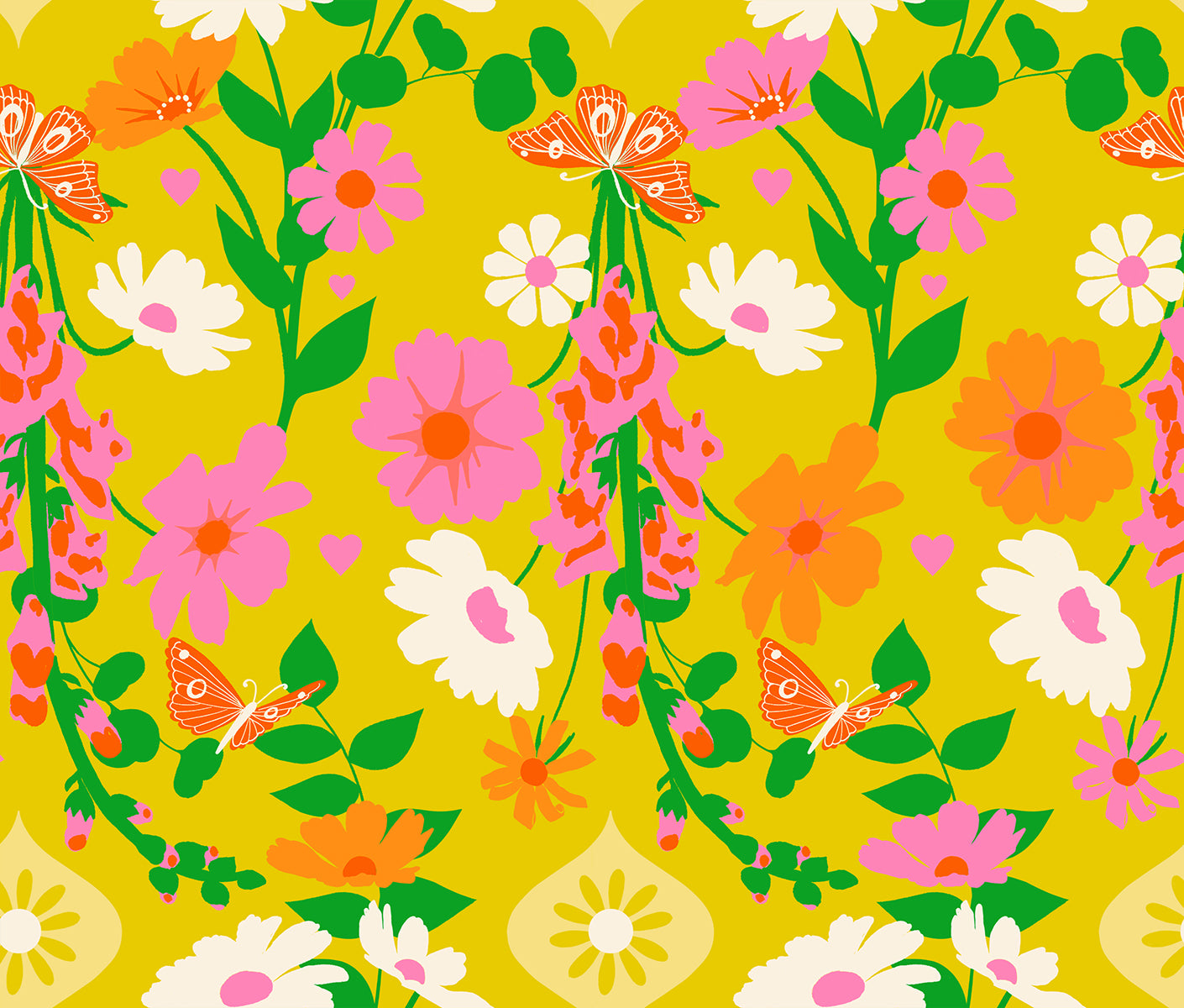 Close-up of Best Day Ever – Foxgloves Florals Butterflies Golden Hour Fabric by Melody Miller for Ruby Star Society, featuring pink, orange, and white flowers with butterflies on a golden-yellow background.