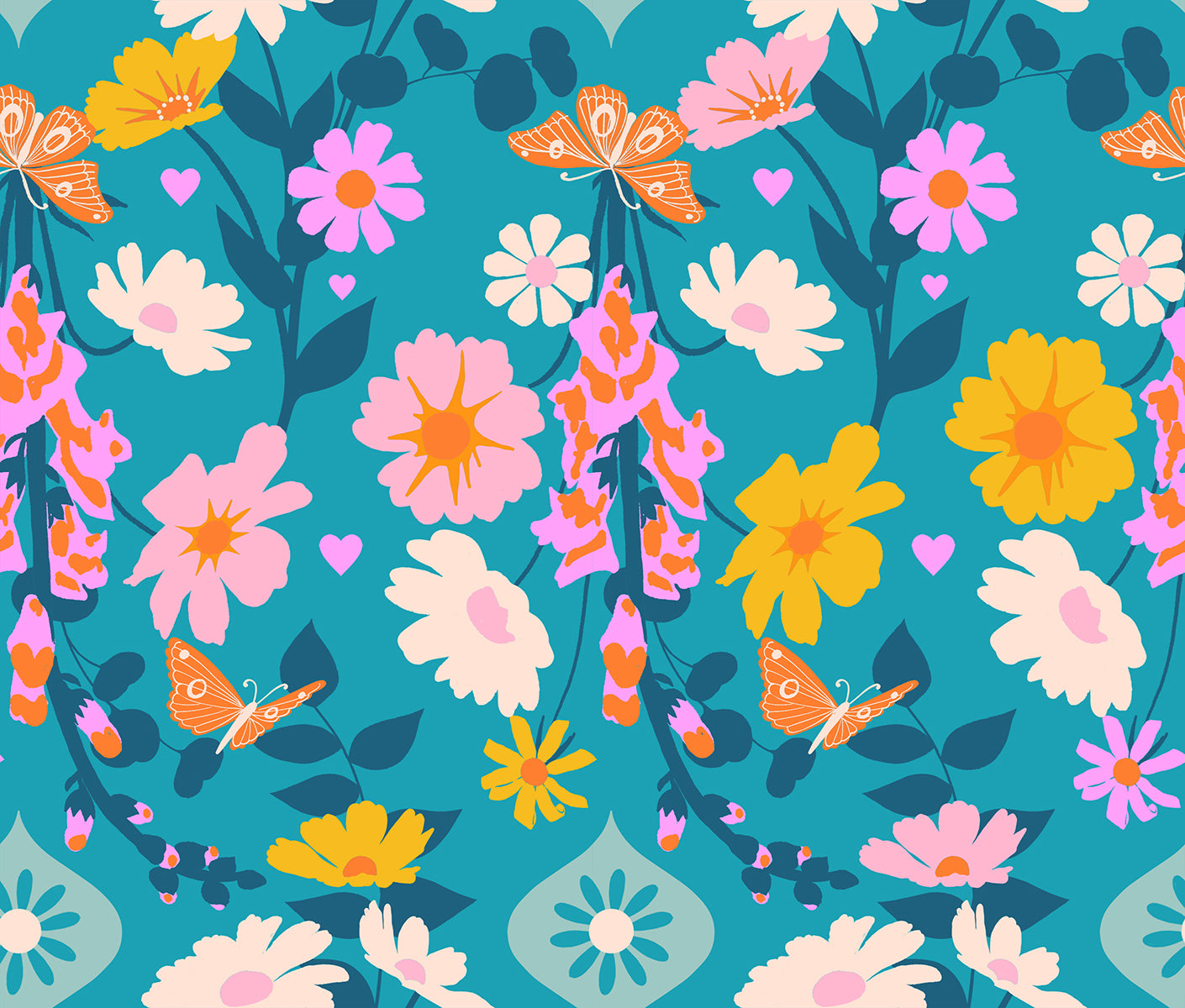 Close-up of Best Day Ever – Foxgloves Florals Butterflies Summer Sky Fabric by Melody Miller for Ruby Star Society, showing colorful flowers and orange butterflies on a teal-blue background.