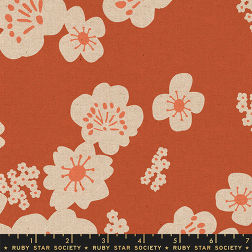 Ruby Star Society Paper Cuts 2 Florals Persimmon cotton linen canvas featuring oversized ivory floral blossoms on a warm persimmon orange background by Rashida Coleman-Hale for Moda Fabrics.