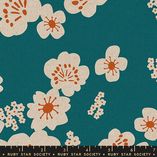 Ruby Star Society Paper Cuts 2 Florals Storytime cotton linen canvas featuring oversized ivory floral blooms on a teal background by Rashida Coleman-Hale for Moda Fabrics.
