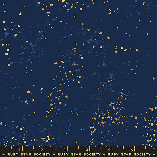 Ruby Star Society Speckled Splatter Paint Navy Metallic cotton linen canvas featuring metallic gold and tonal blue speckles on a rich navy background by Rashida Coleman-Hale for Moda Fabrics.